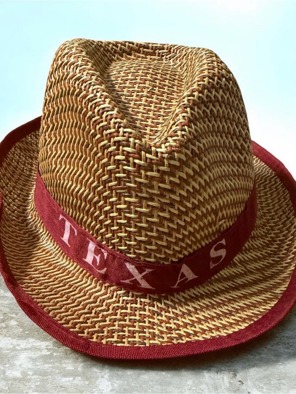 Straw Hat with Maroon Band - TEXAS Accent